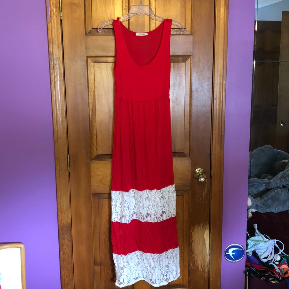 Red maxi dress with lace cutouts